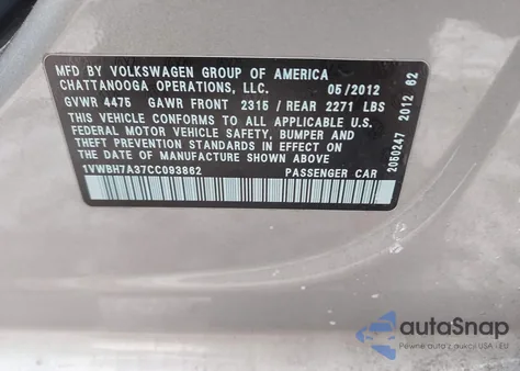 2012 Volkswagen Passat 2.5L Se z USA, uszkodzony, nr VIN 1VWBH7A37CC093862